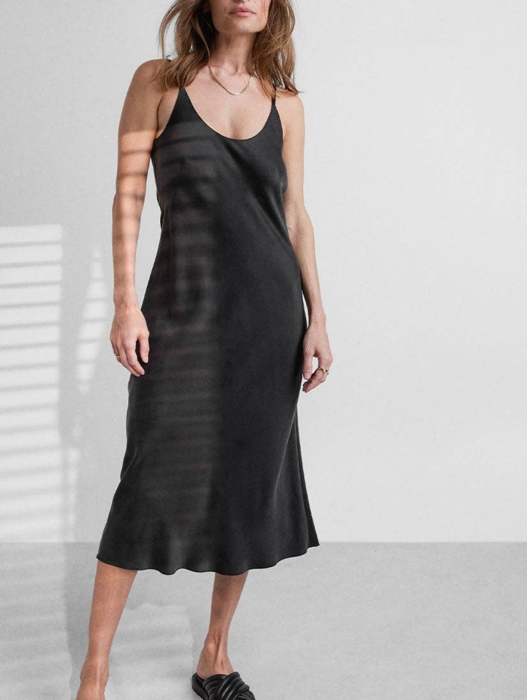 Lunya Washable Silk Black Slip Midi Dress